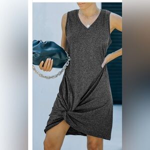 Sleeveless Heather Gray V-Neck Shift Mini Dress with Twist Knot Athleisure Beach